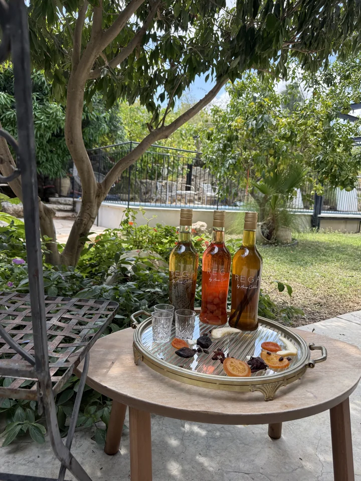 A round table with REGA bottles and a tray under a garden tree