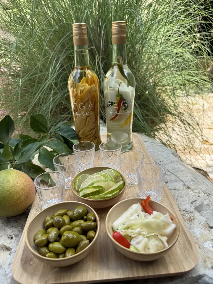 Two REGA bottles on a tray with glasses and olives, against green foliage