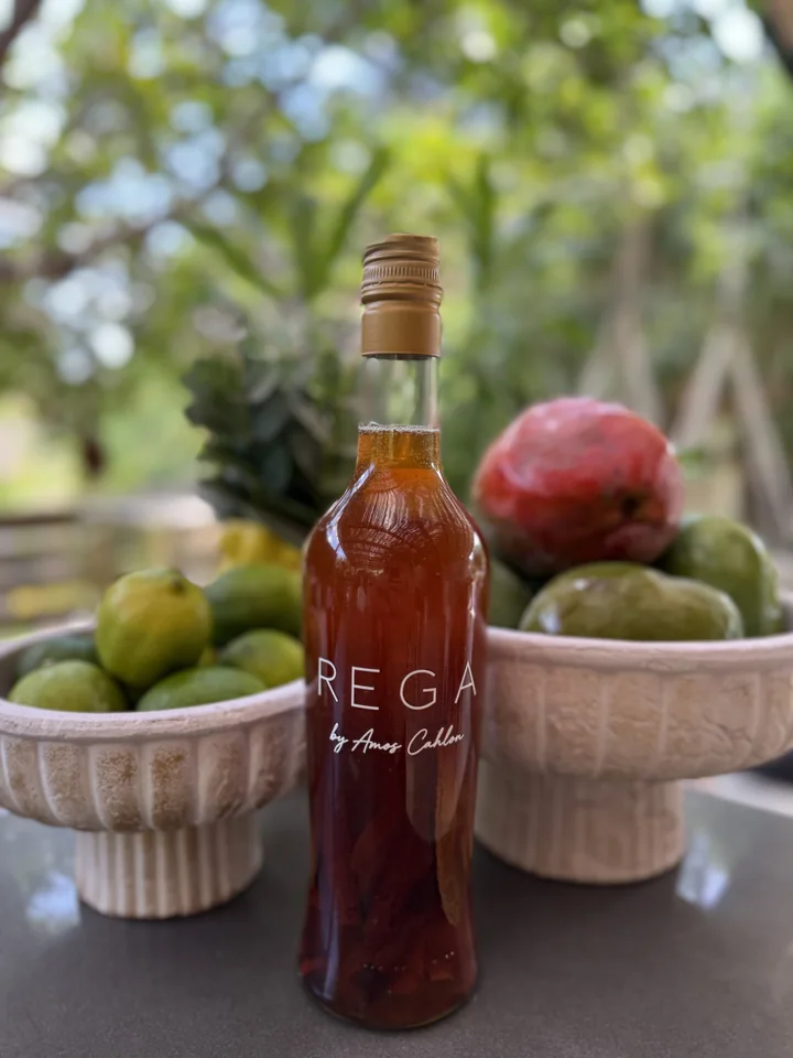 A red REGA bottle with fruit, beside bowls of fruit